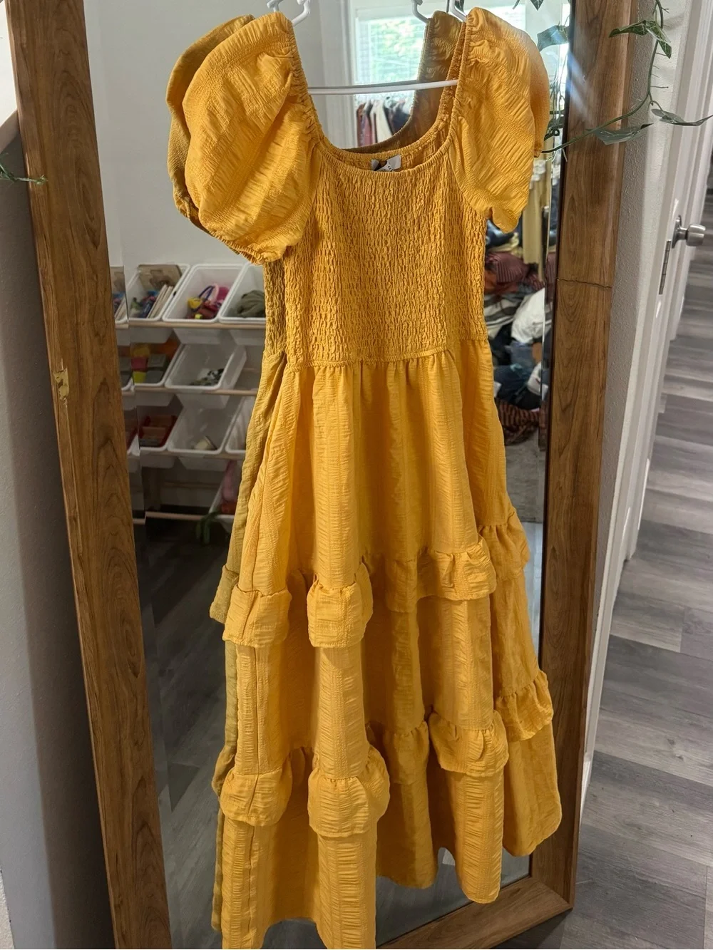 LIKE NEW Golden Yellow Textured Tiered Puff Sleeve Yellow Dress
